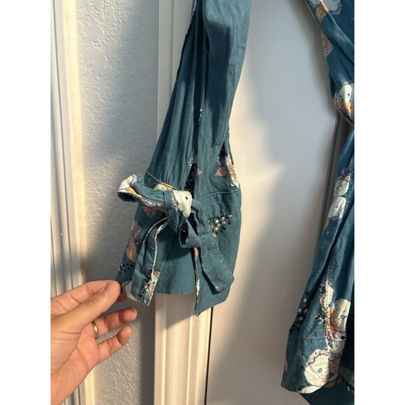 Free People Tuscan Dreams Teal Floral Long Sleeve Tunic Mini Dress Flowy XS - Picture 5 of 7